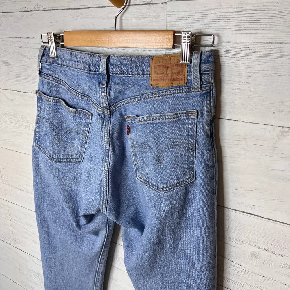 Levis Jeans Womens Size W28XL32 Light Wash Button Fly Distressed Straight Leg
